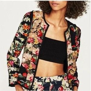ZARA Blazer Women's X-Small XS Floral Stripe Mixed Print Ruched Open Front
